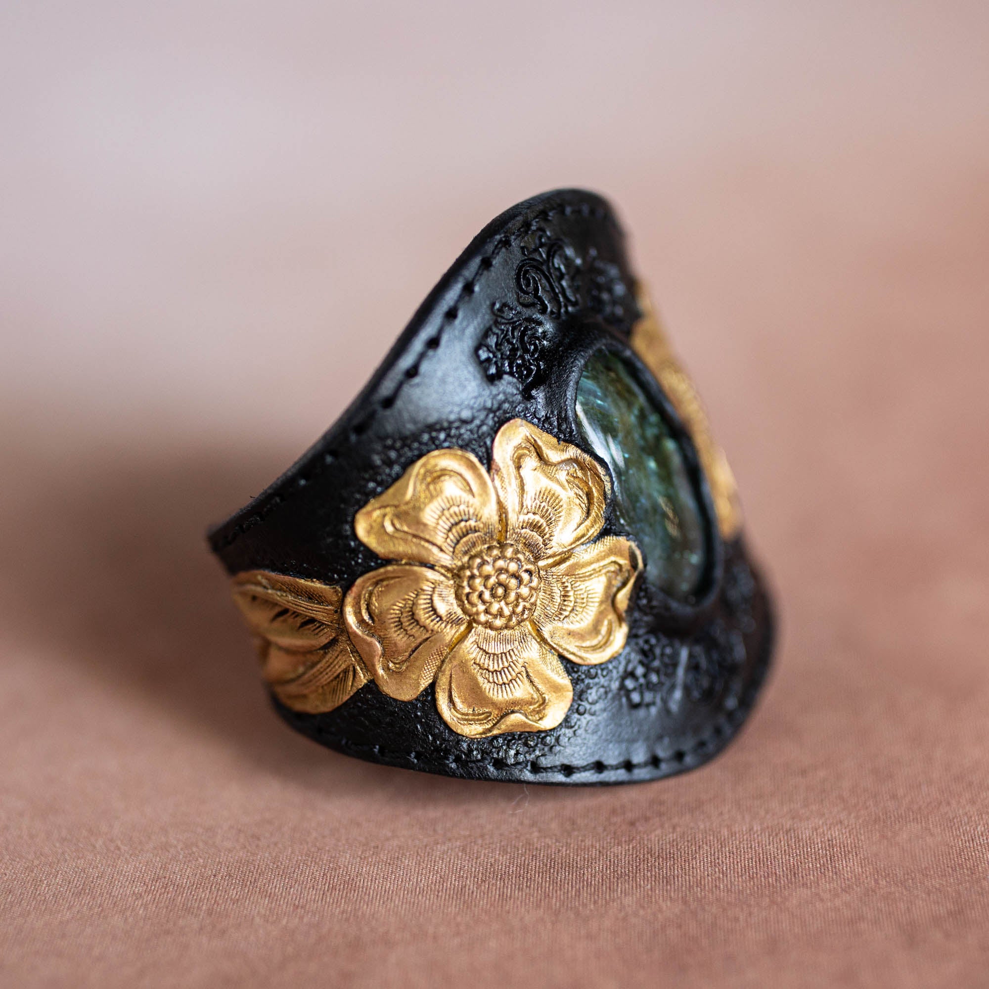 Black & Gold Flower Cuff with Labradorite