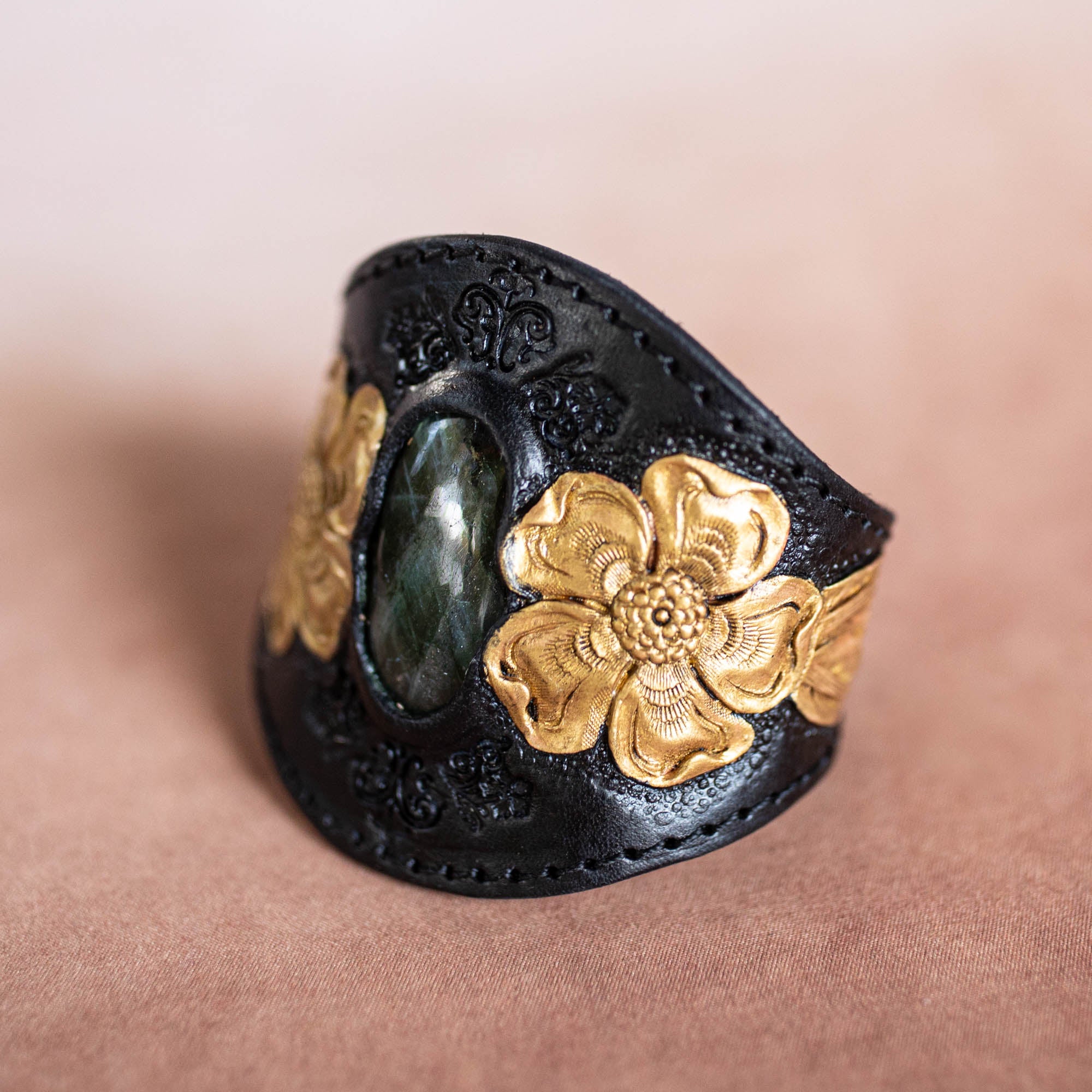 Black & Gold Flower Cuff with Labradorite