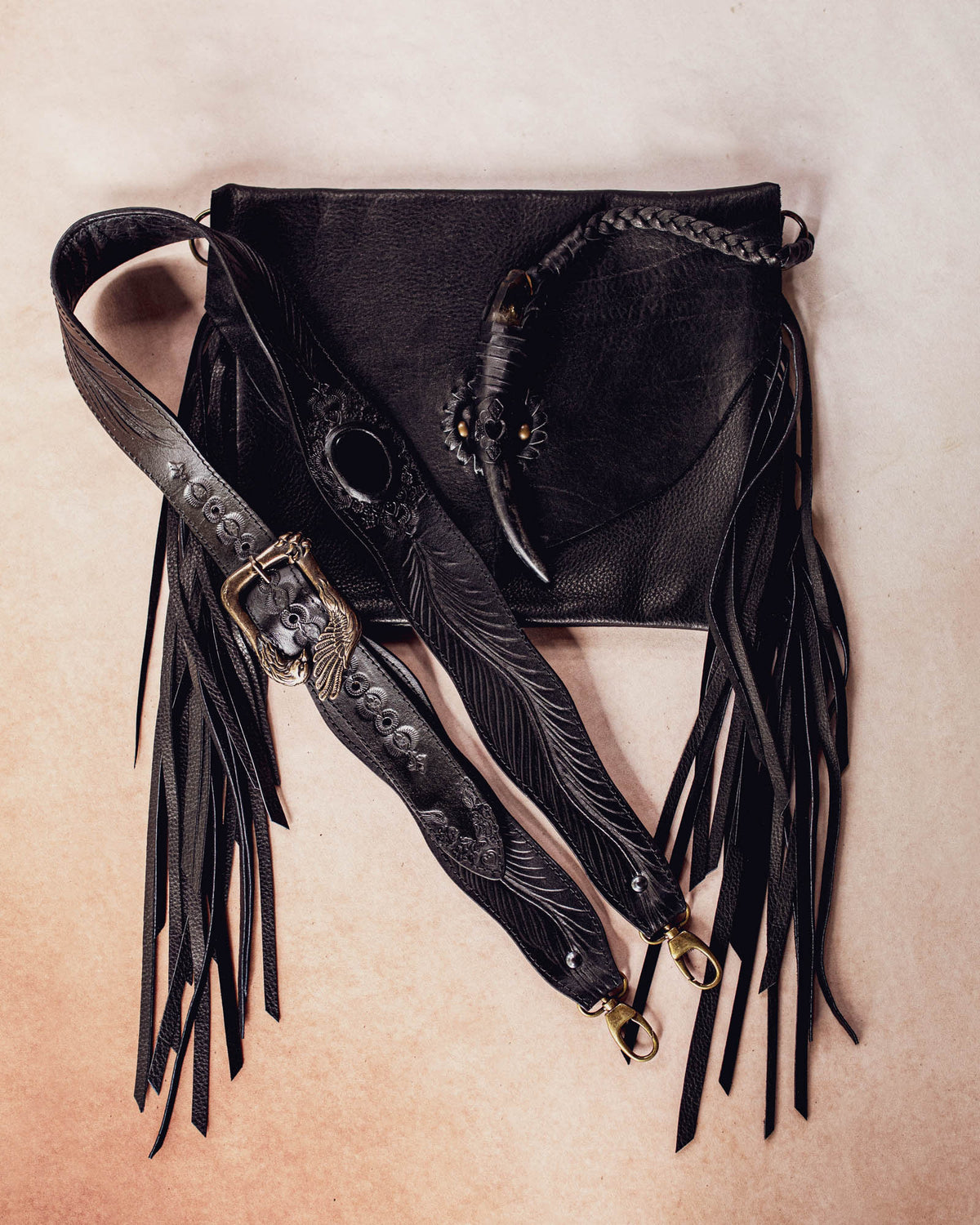 Black Magic Nomad Bag with Stag Horn & Smoky Quartz Wand