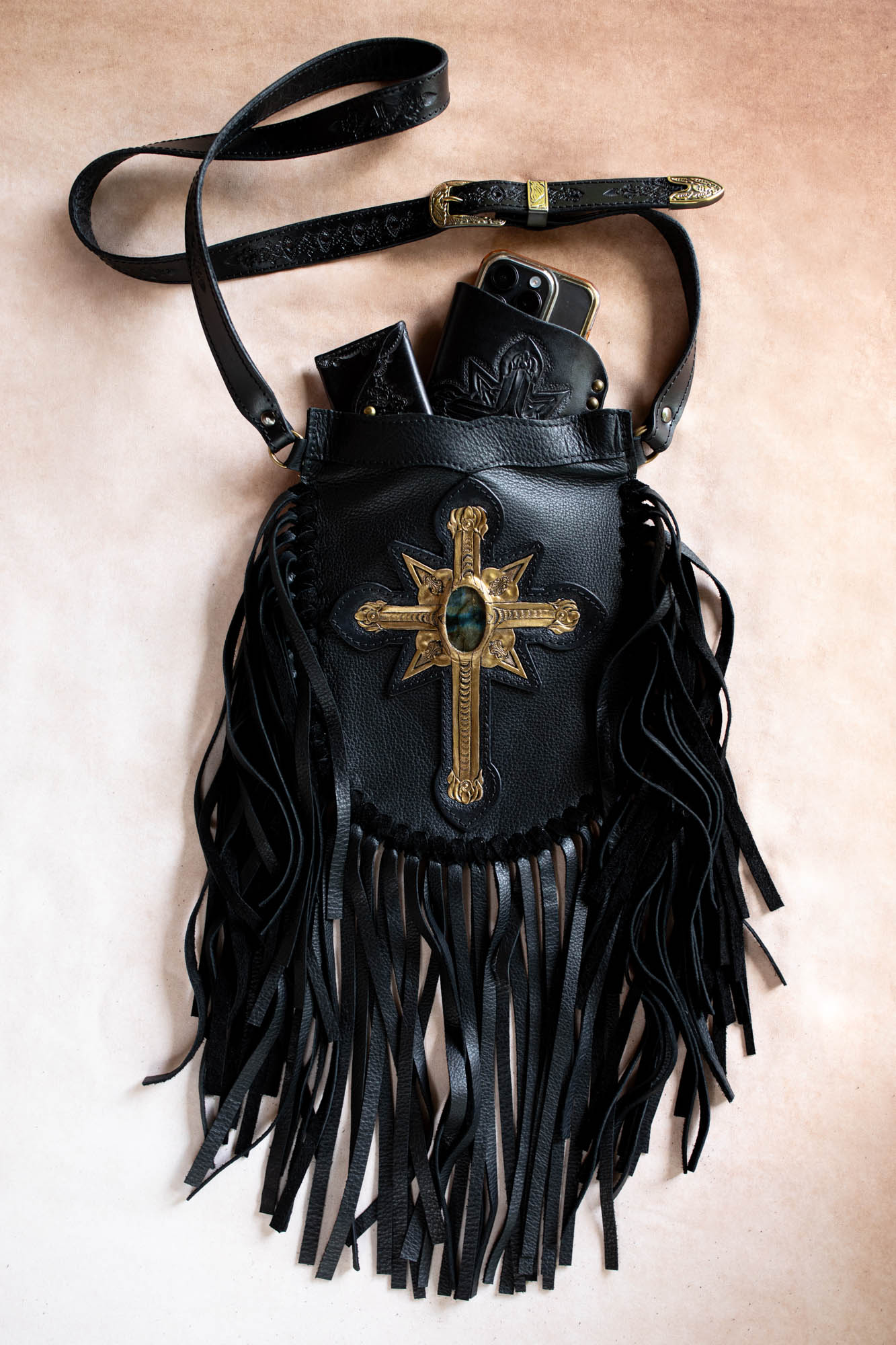 Black & Gold Cross Prairie Phone Pouch