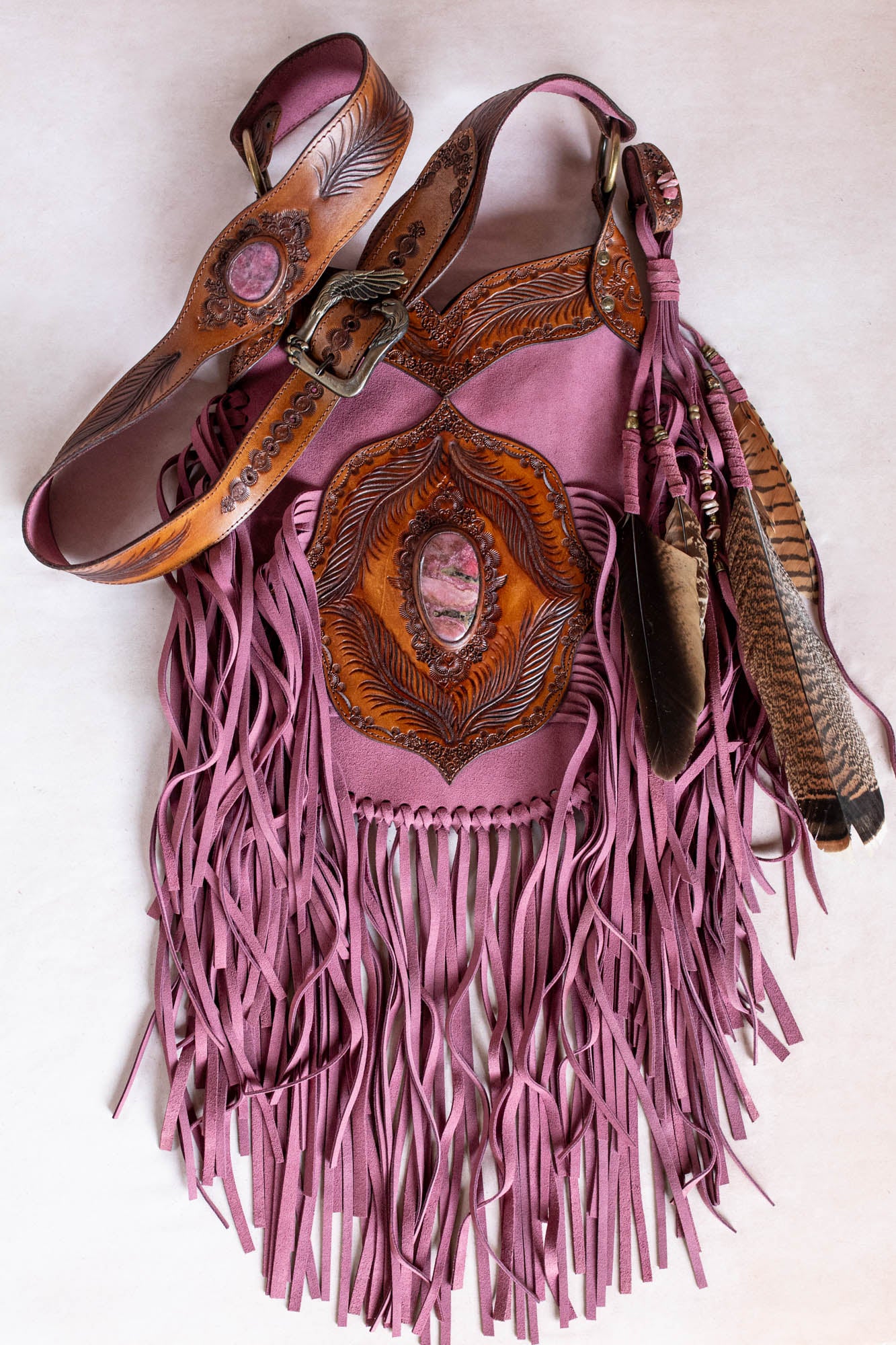 Apache Tasselled Bag with Pink Rhodonite