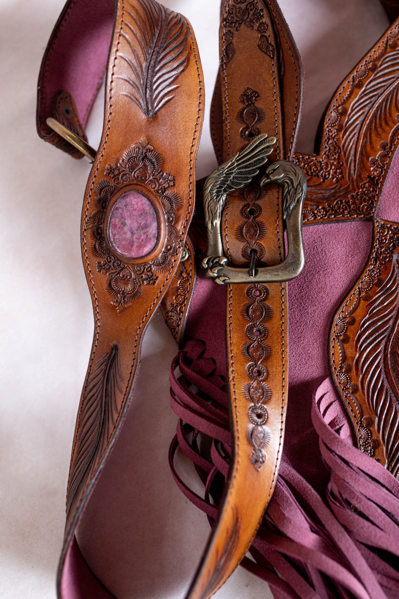 Apache Tasselled Bag with Pink Rhodonite