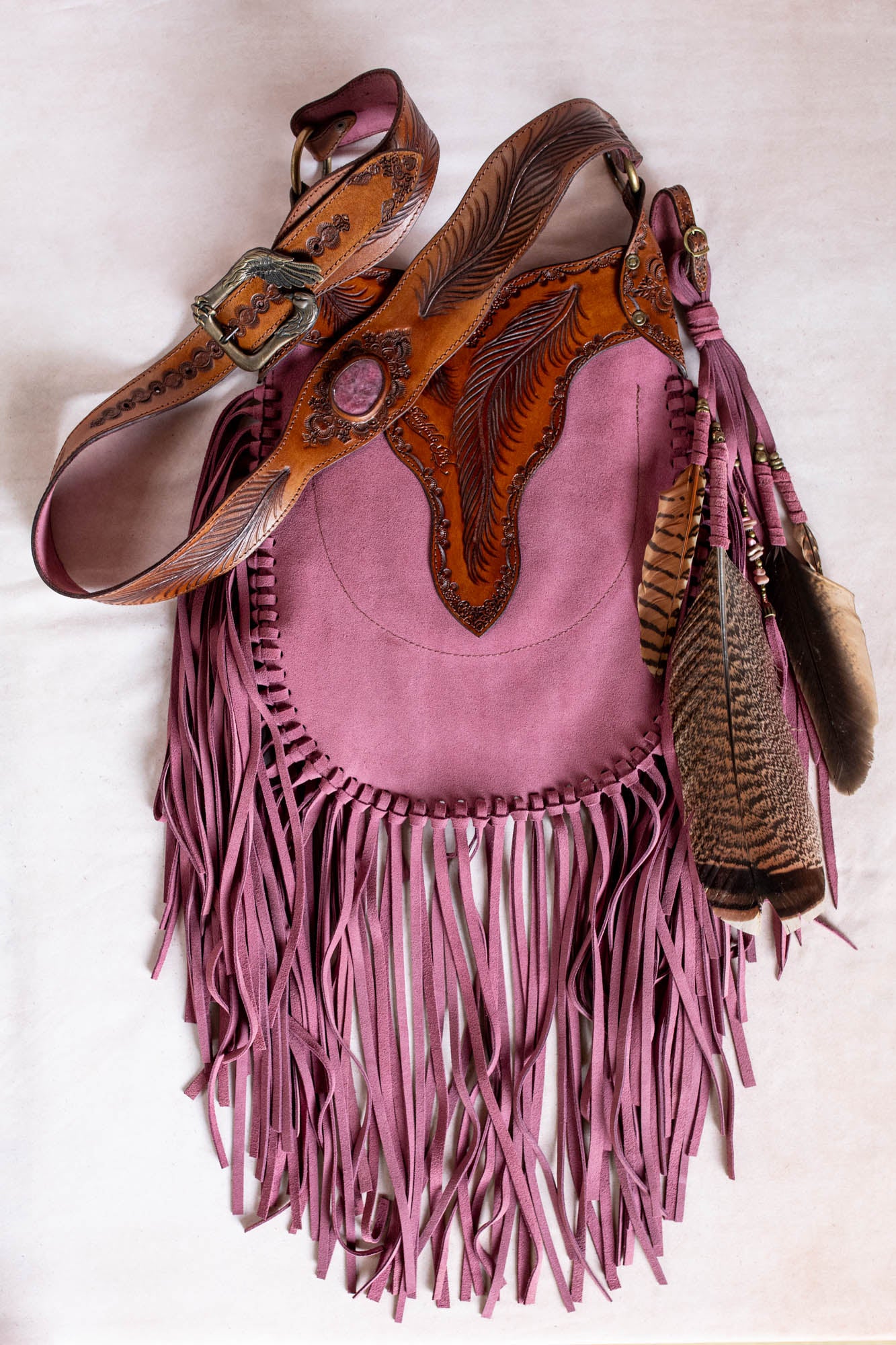Apache Tasselled Bag with Pink Rhodonite