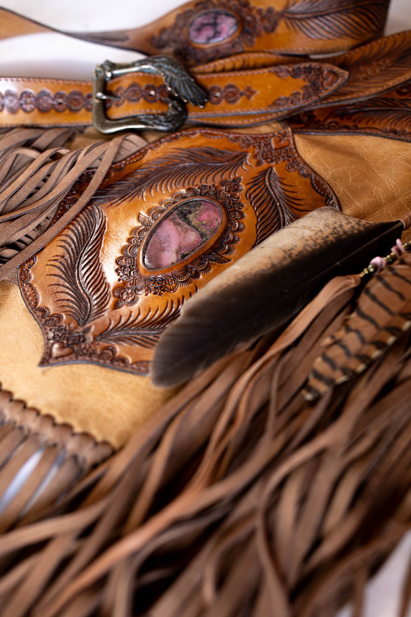 Apache Tasseled Bag with Pink Rhodonite