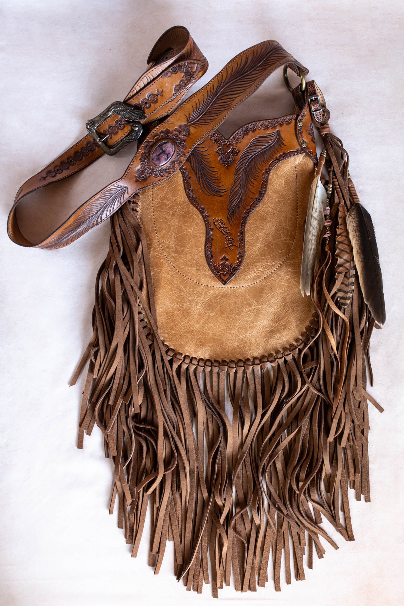 Apache Tasseled Bag with Pink Rhodonite