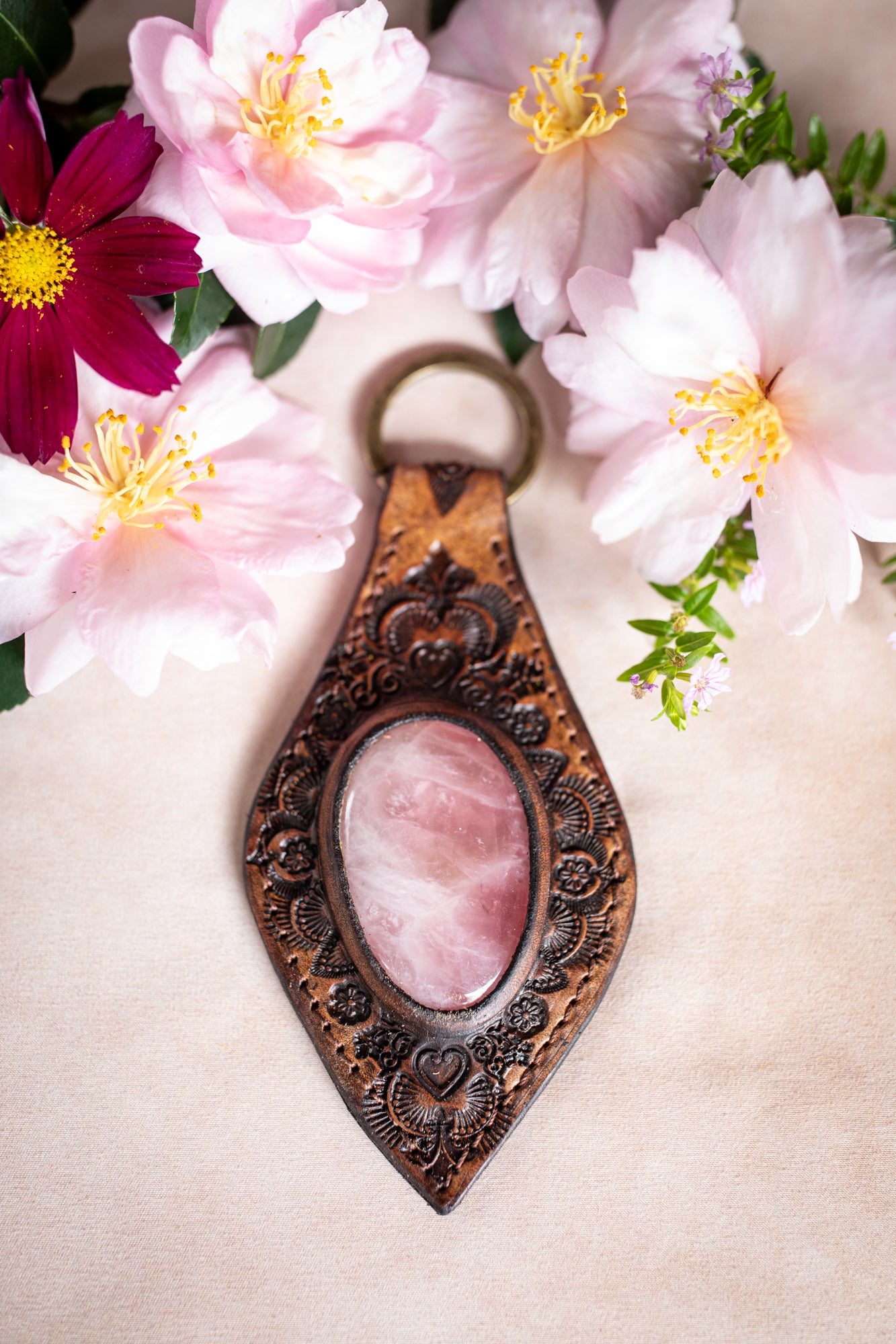 Mandala Key Ring with Rose Quartz