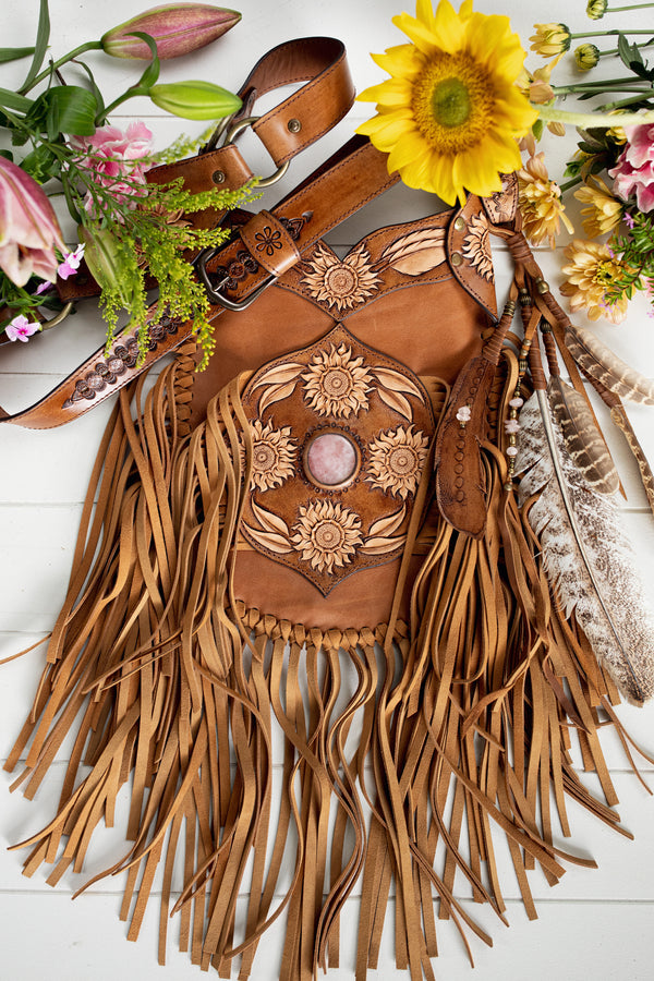 Petite Sunflower Apache Tasseled Bag with Rose Quartz