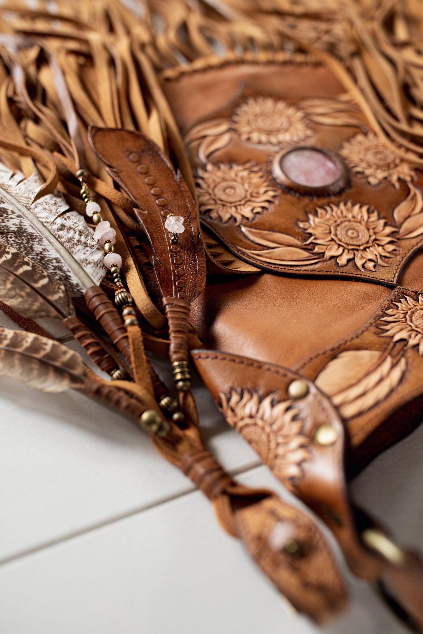 Petite Sunflower Apache Tasseled Bag with Rose Quartz