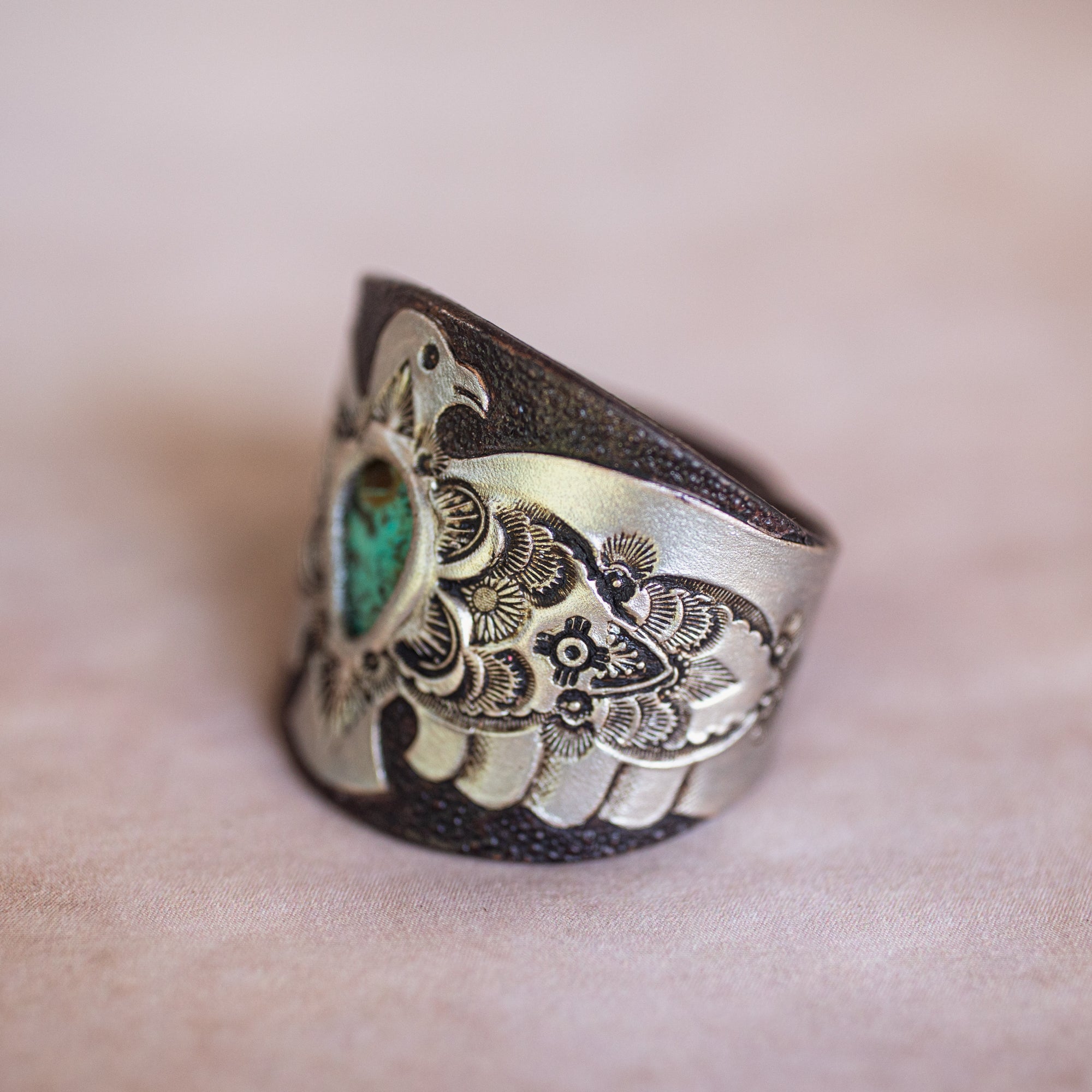 Hand Painted Thunderbird Cuff with Mexican Turquoise