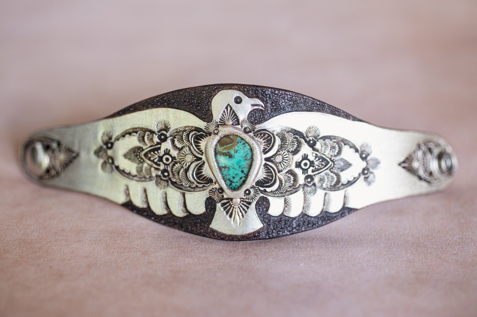 Hand Painted Thunderbird Cuff with Mexican Turquoise