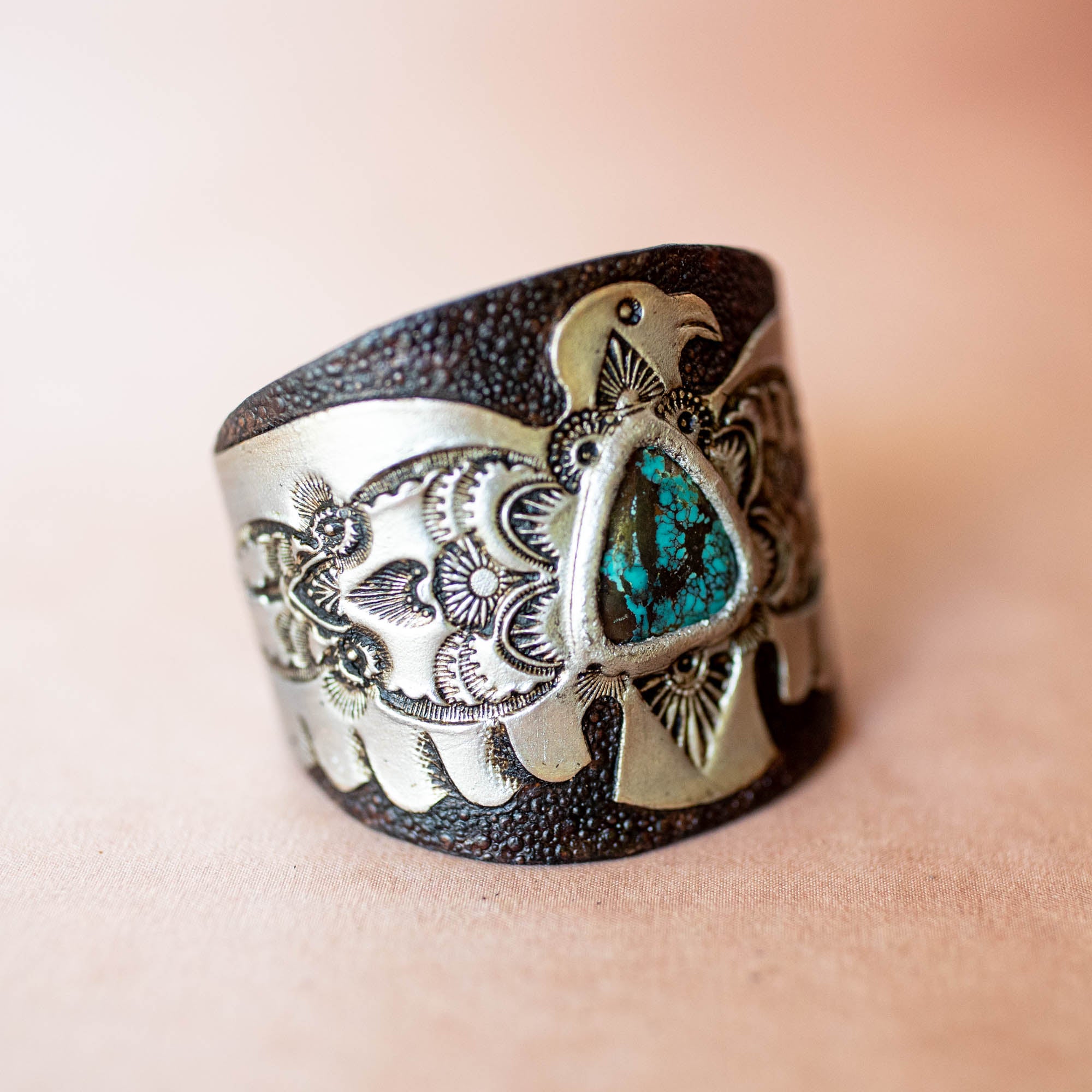 Hand Painted Thunderbird Cuff with Turquoise