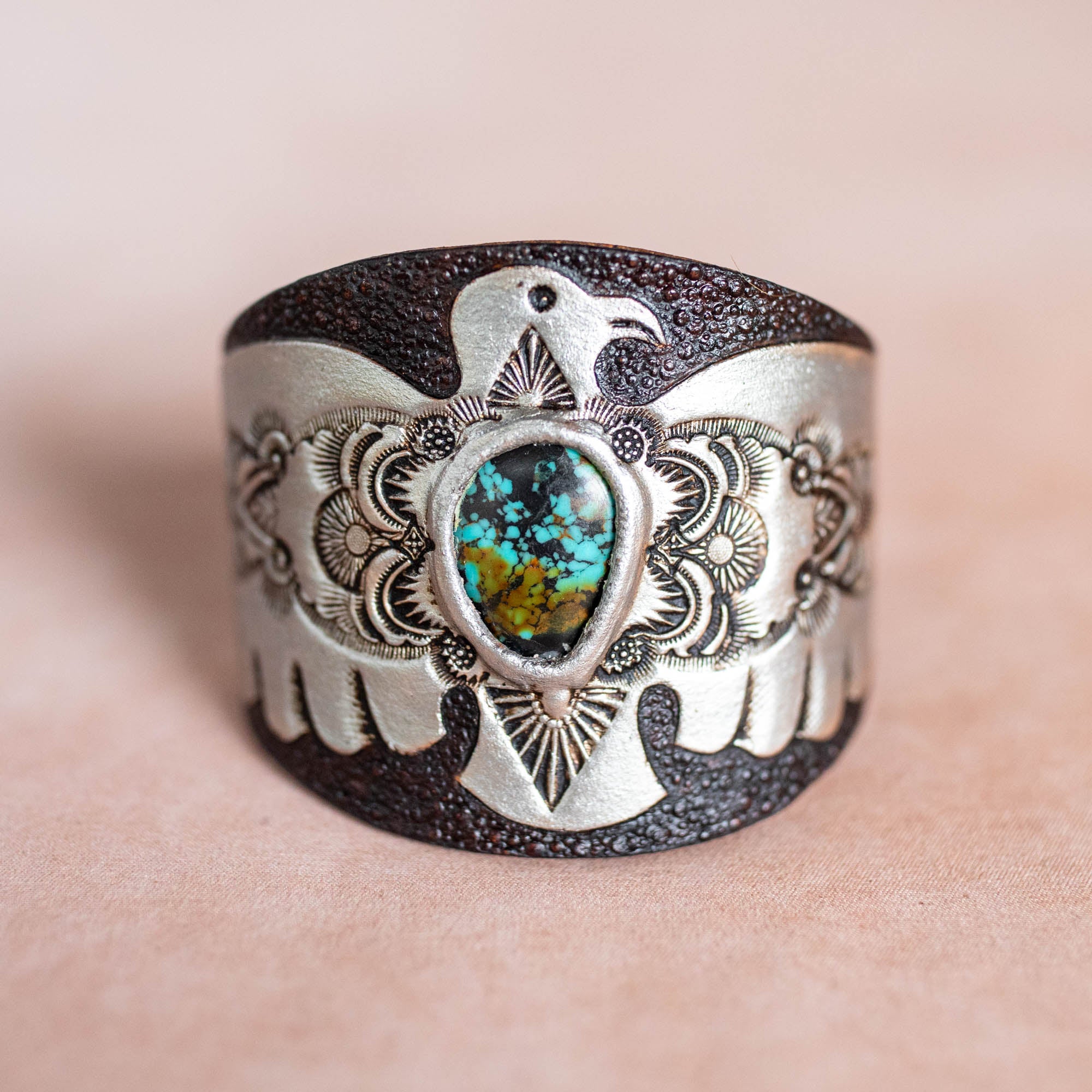 Hand Painted Thunderbird Cuff with Turquoise
