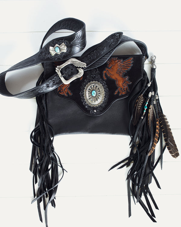 Black Bay Pegasus Gypsy Wanderer Bag with Navajo Conchos