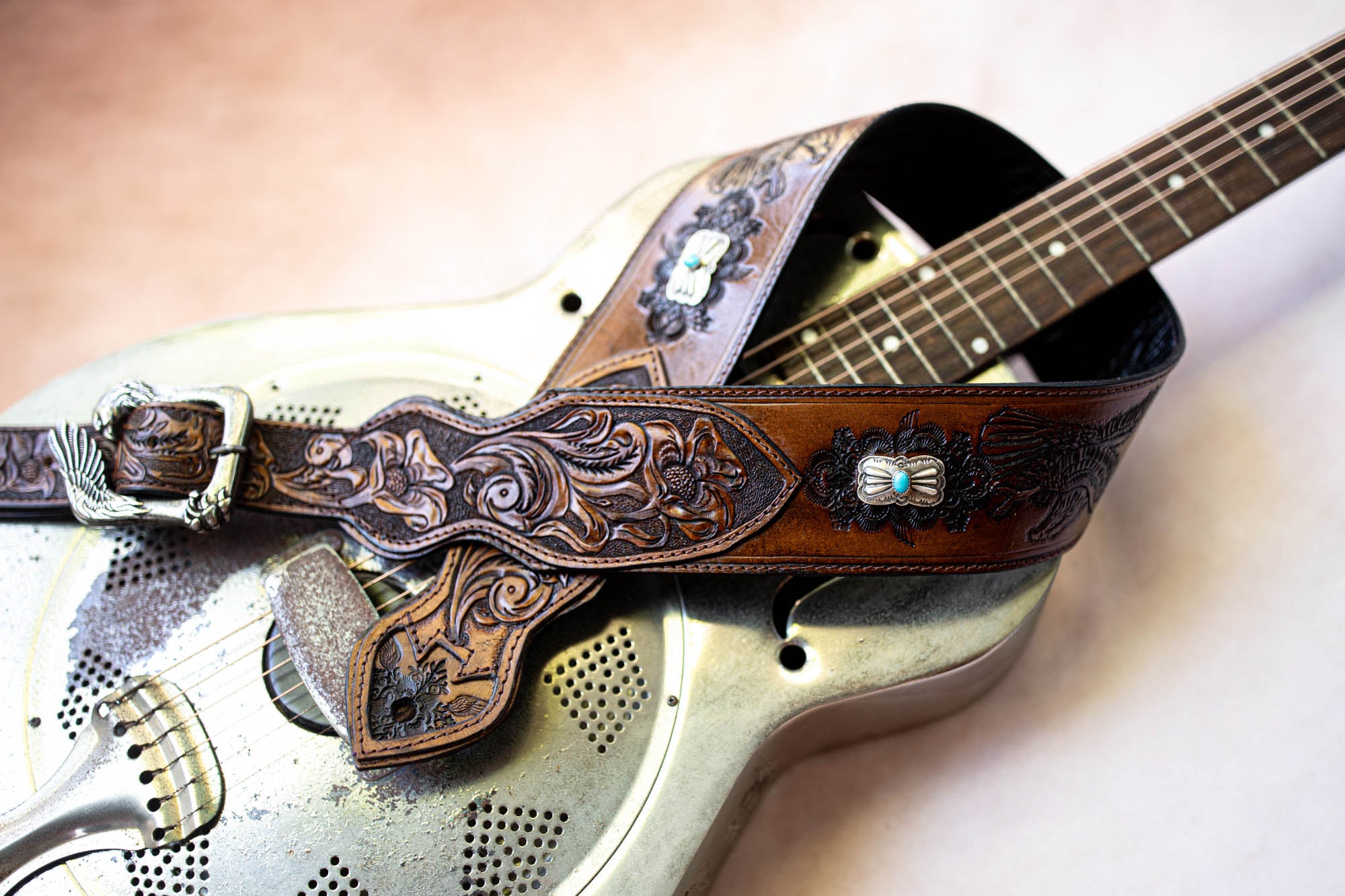 Rebel Eagle Guitar Strap with Navajo Conchos