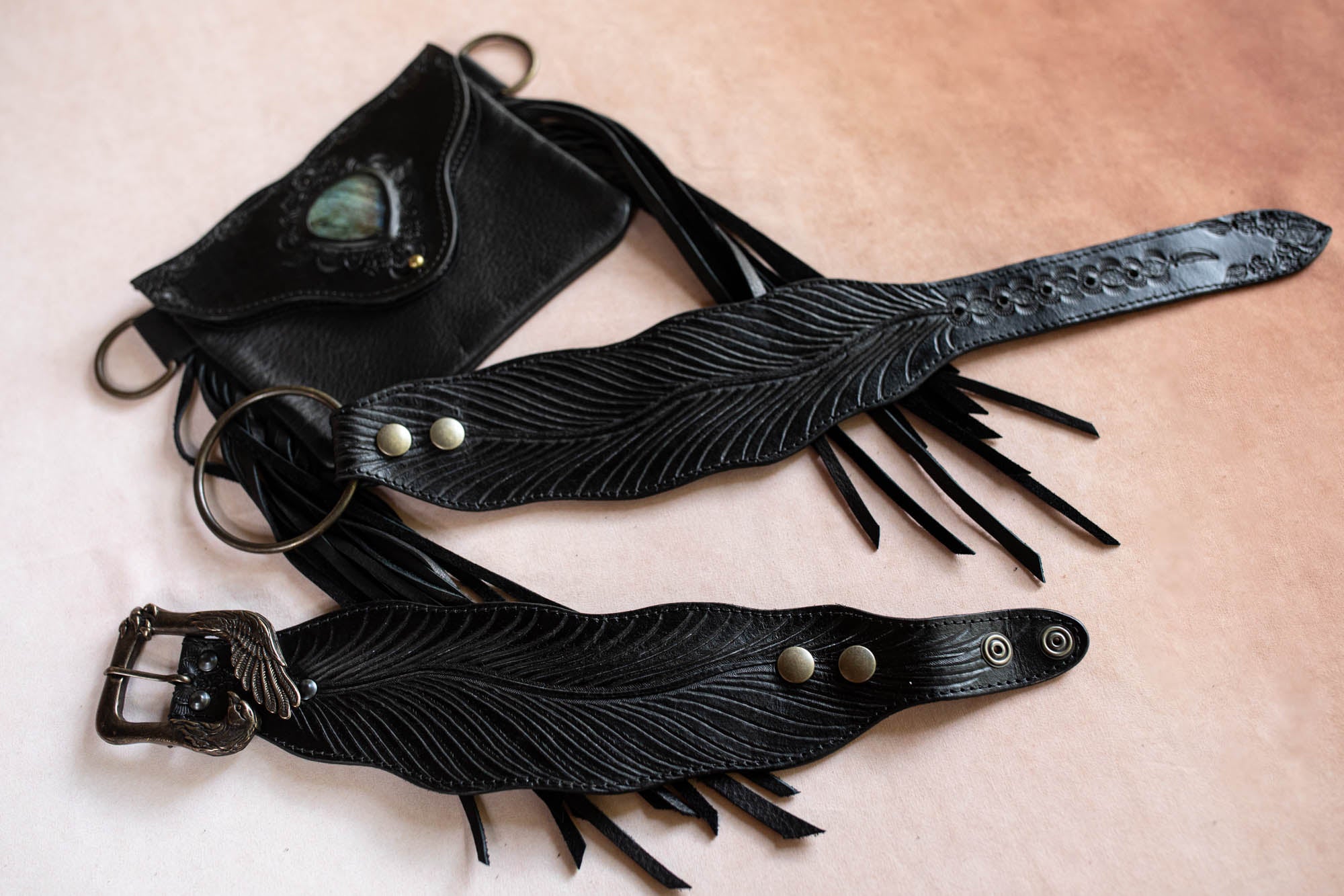 Gunslinger Feather Belt Pouch with Labradorite