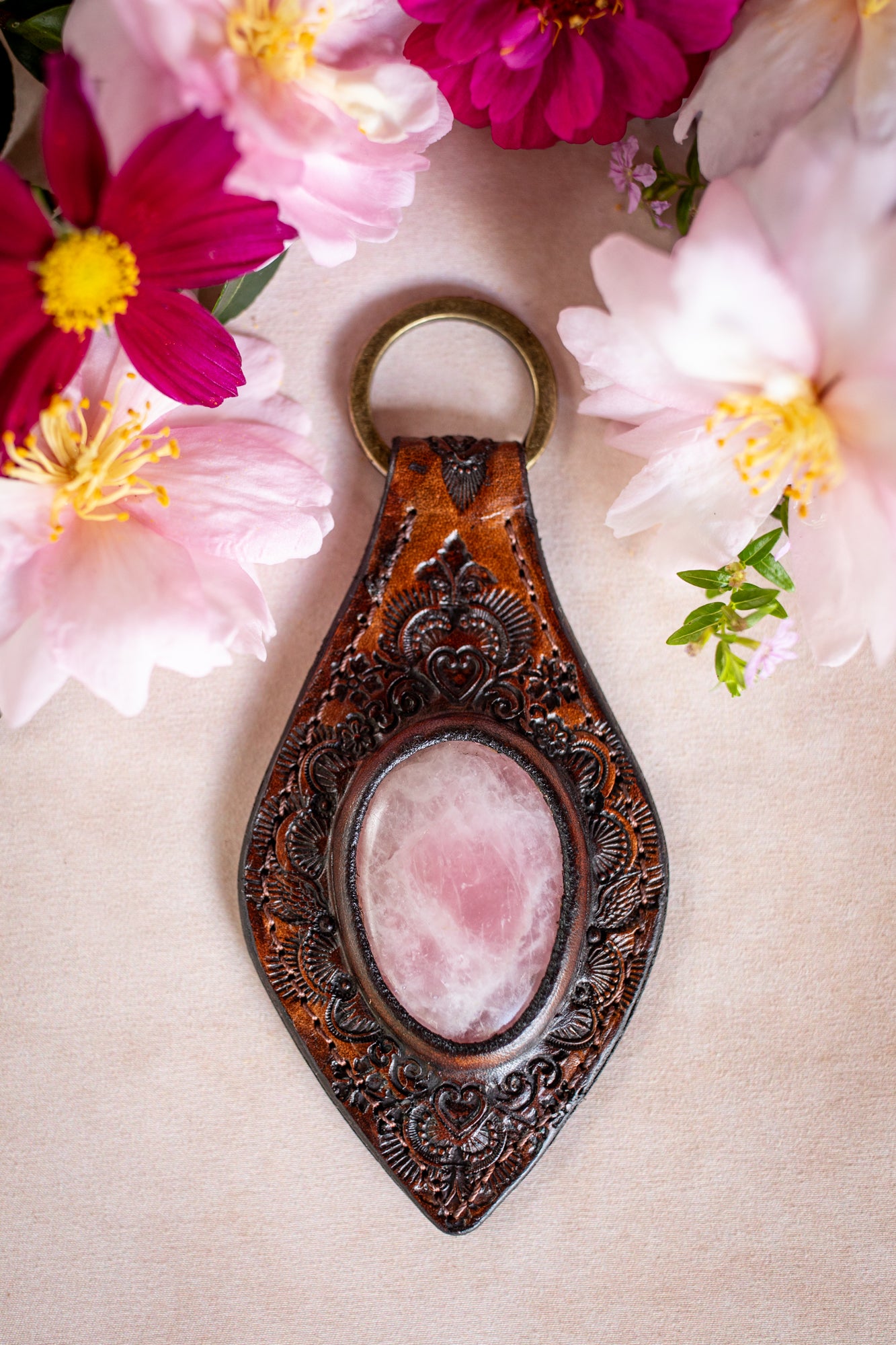 Mandala Key Ring with Rose Quartz