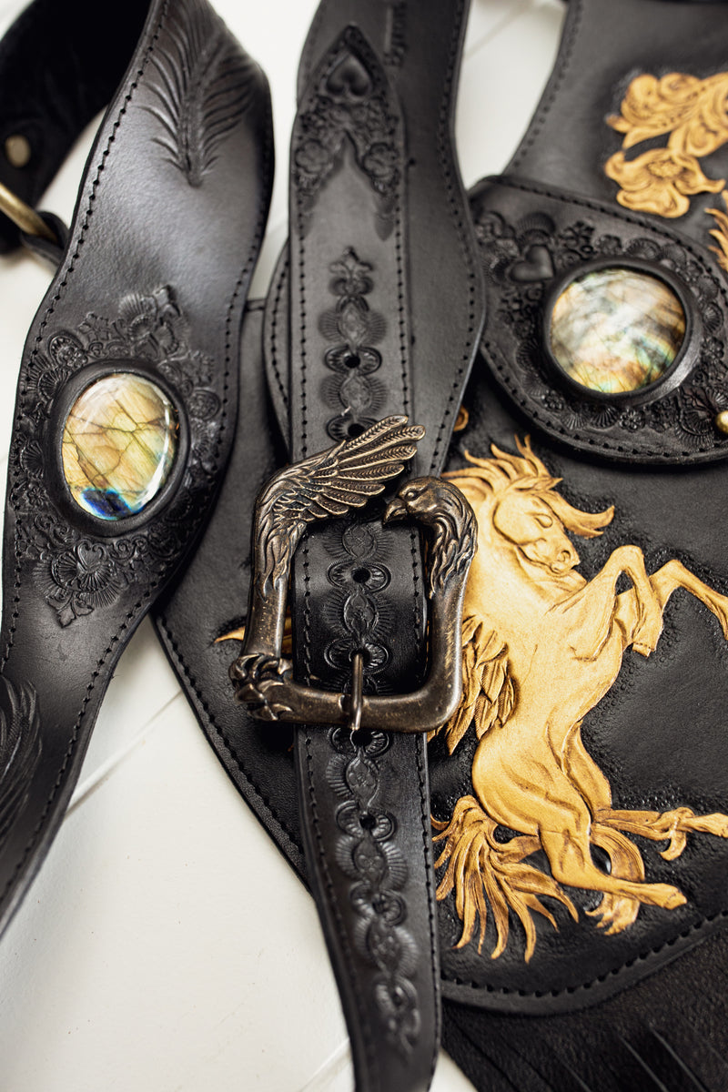 Black & Gold Mustang Bag with Labradorite