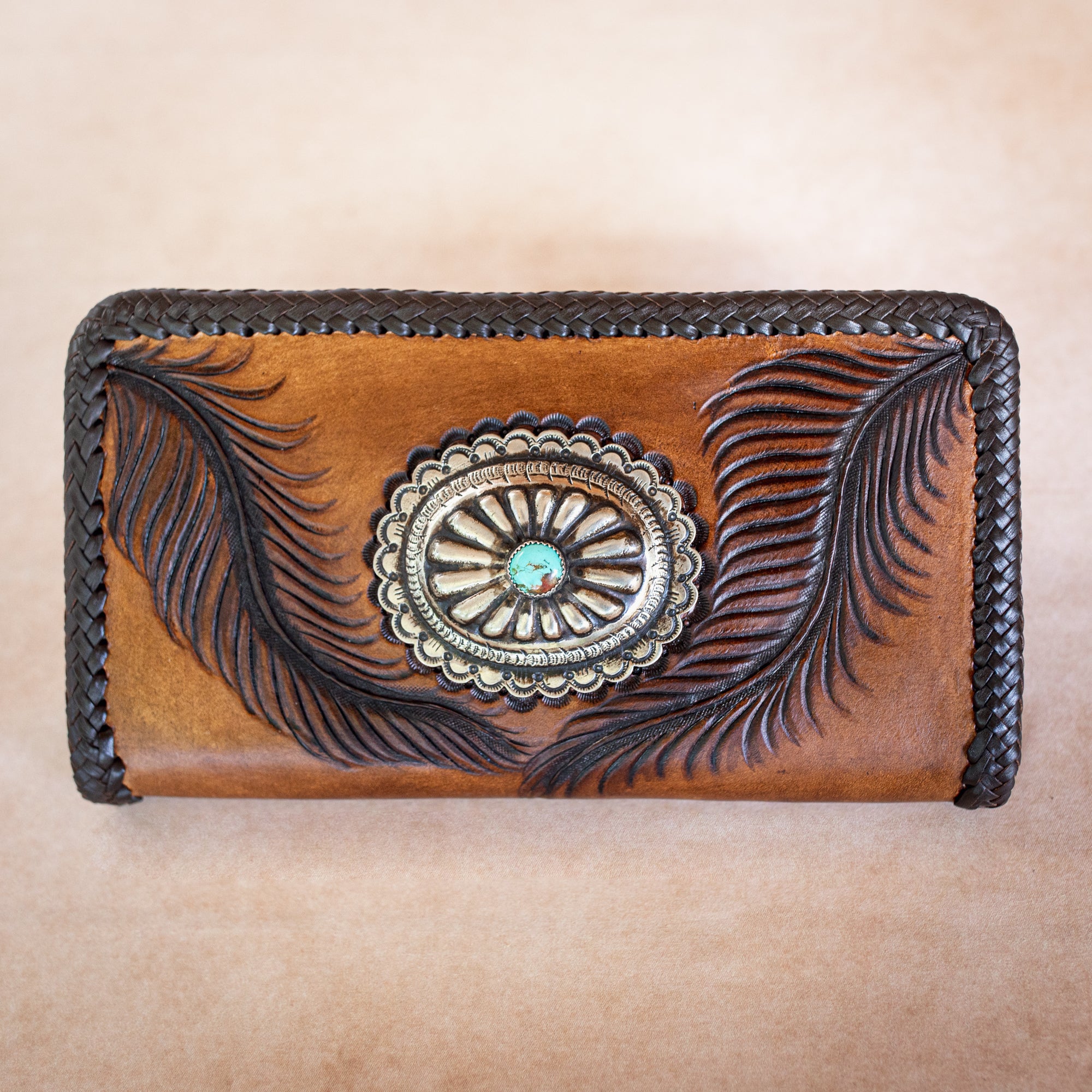 Large Eagle Feather Zip Wallet with Navajo Concho