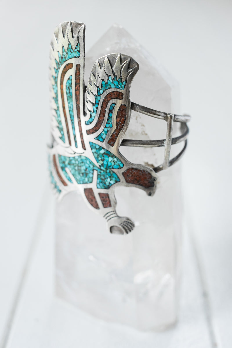 Vintage Silver Eagle Navajo Cuff with Turquoise & Coral