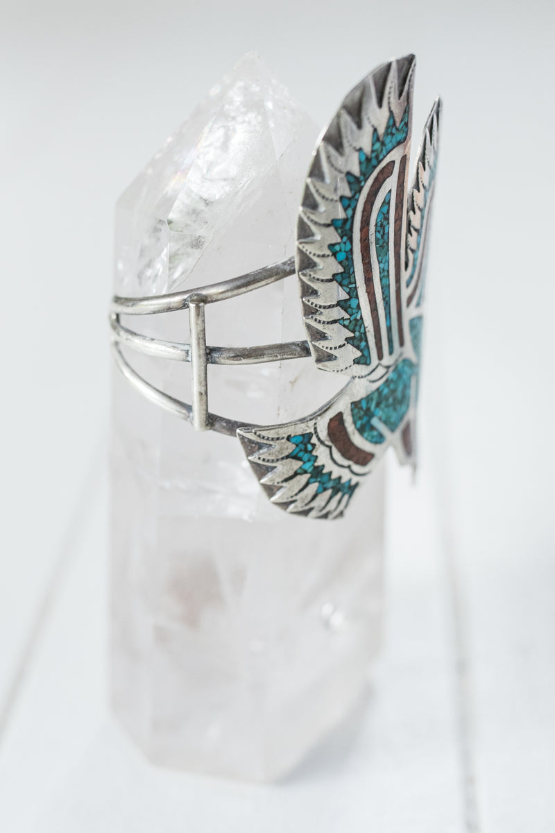 Vintage Silver Eagle Navajo Cuff with Turquoise & Coral
