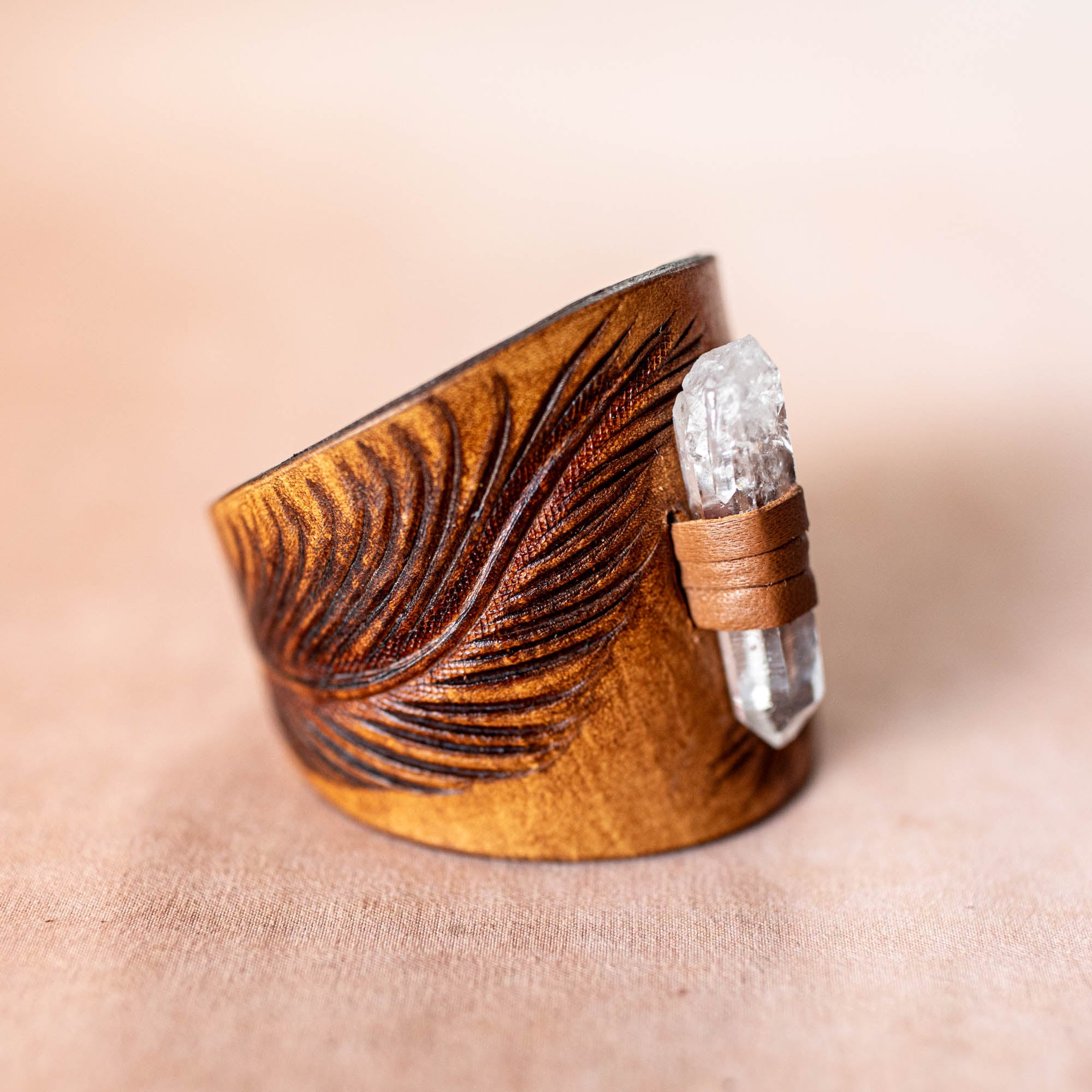Petite Eagle Feather Priestess Cuff with Quartz Crystal