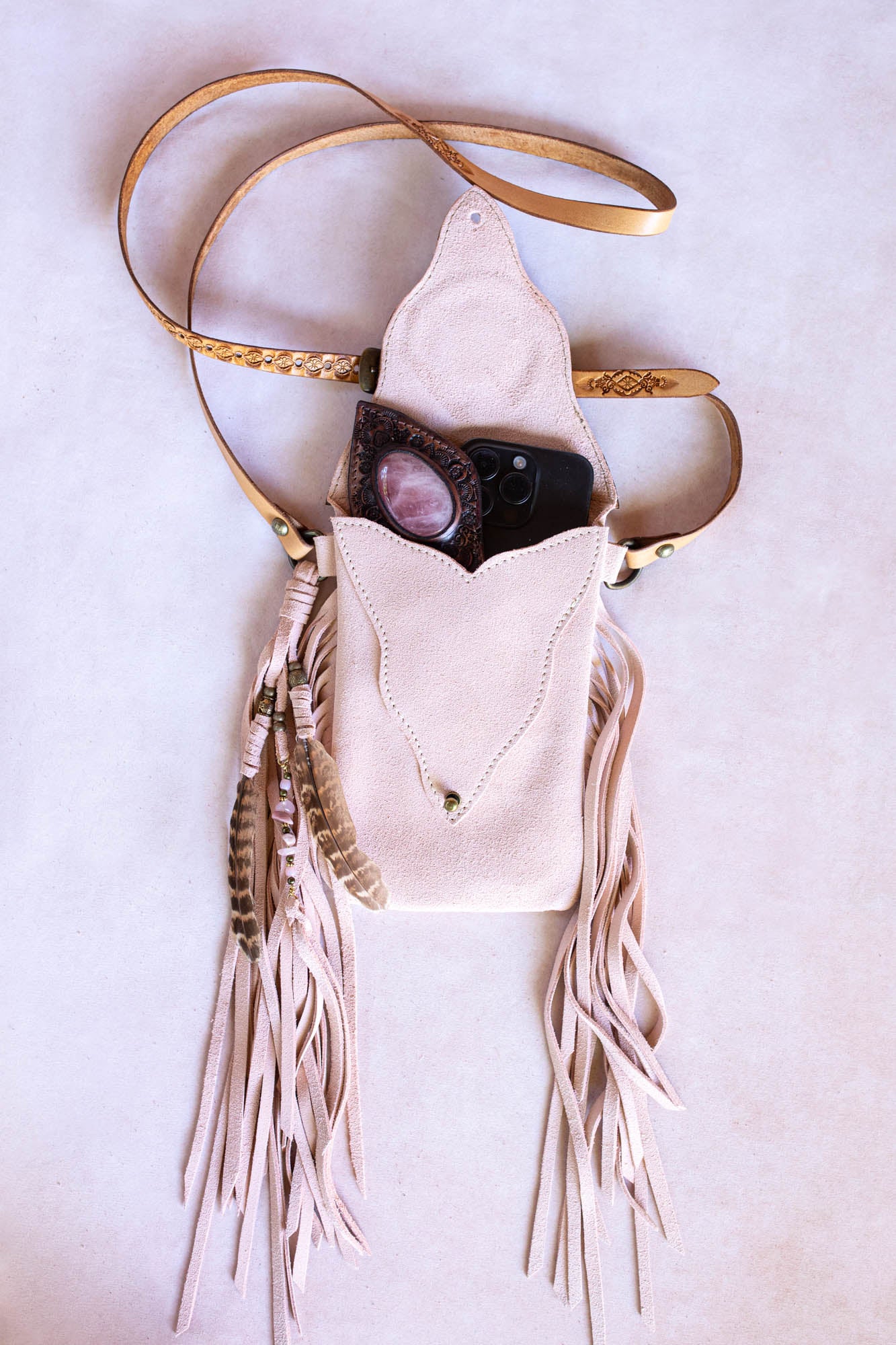 Western Floral Gypsy Wanderer Phone Pouch with Rose Quartz