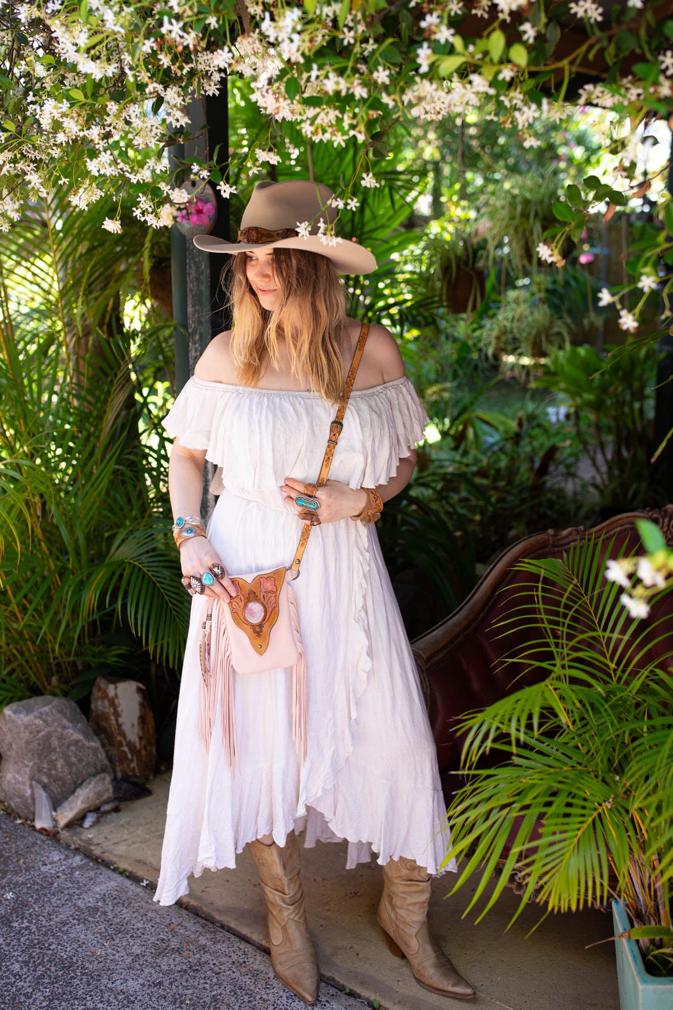 Western Floral Gypsy Wanderer Phone Pouch with Rose Quartz