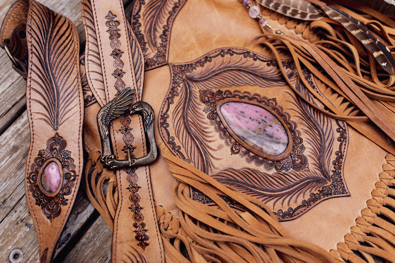 Apache Tasseled Bag with Pink Rhodonite