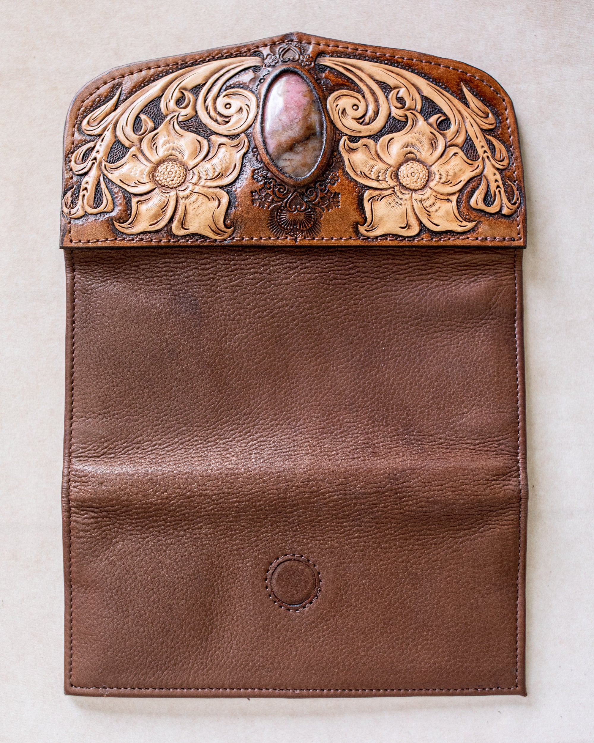 Floral Carving Wallet with Pink Rhodonite