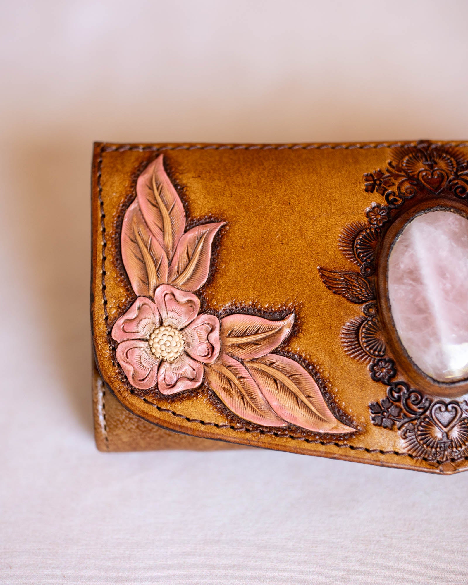 Hand Painted Flower Wallet with Rose Quartz