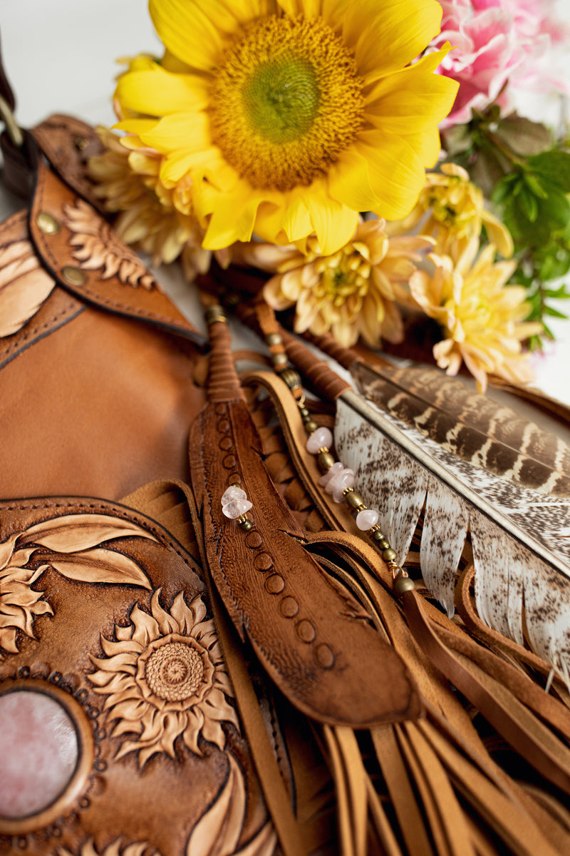 Petite Sunflower Apache Tasseled Bag with Rose Quartz