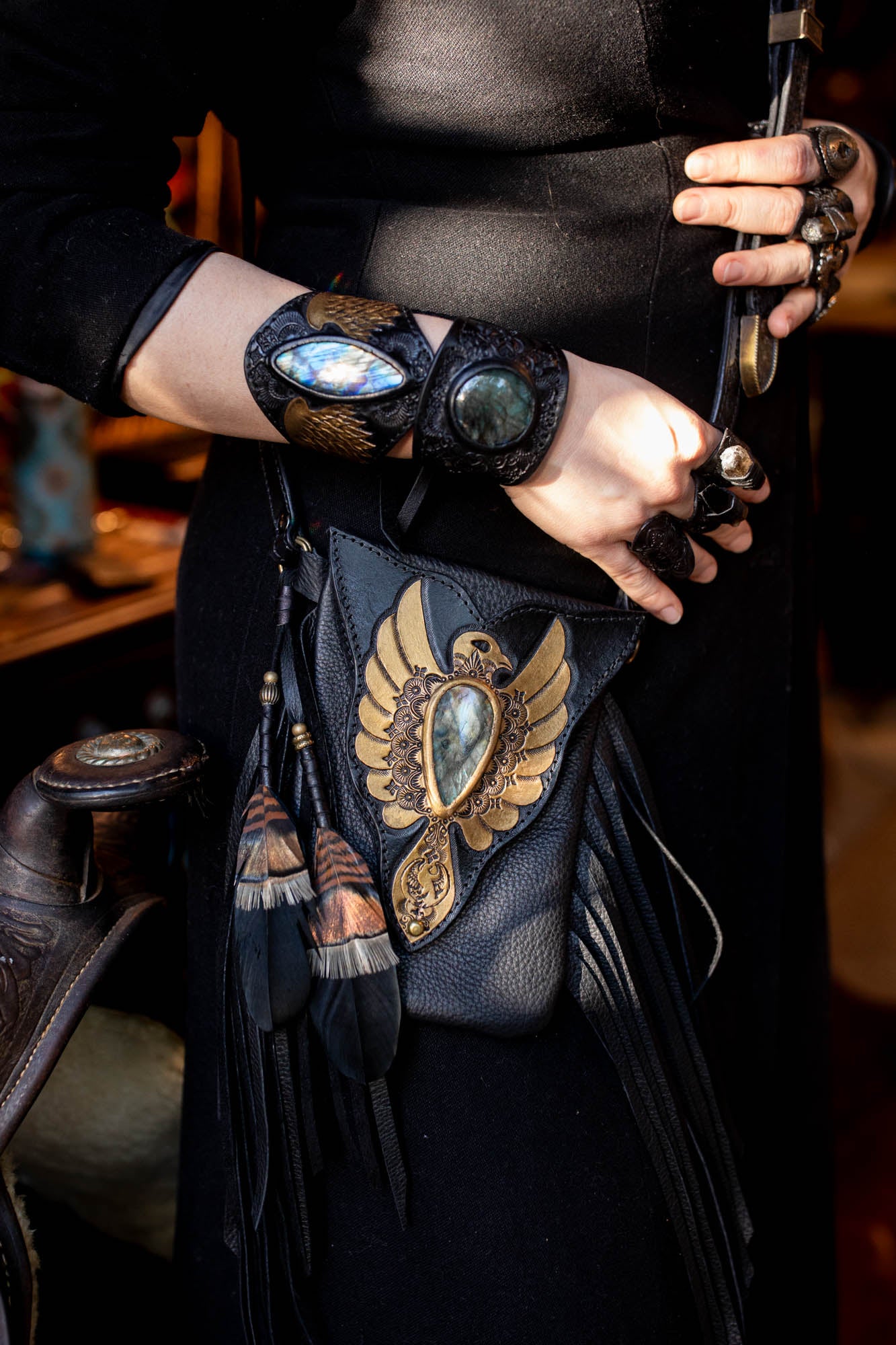 Thunderbird Gypsy Wanderer Phone Pouch with Labradorite