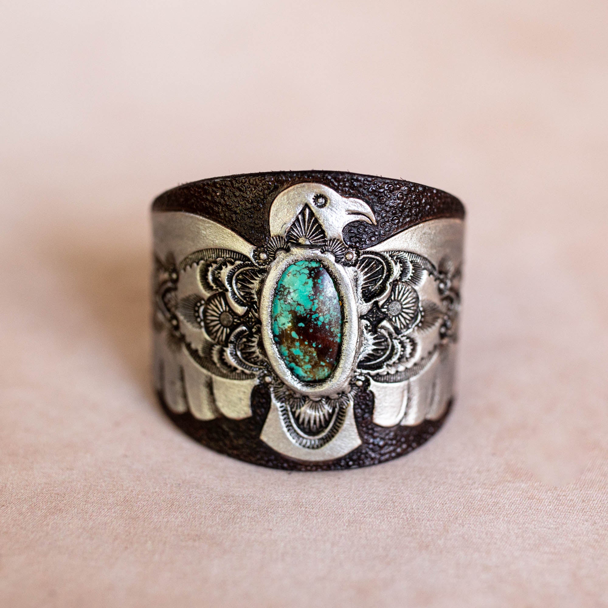 Hand Painted Thunderbird Cuff with Turquoise