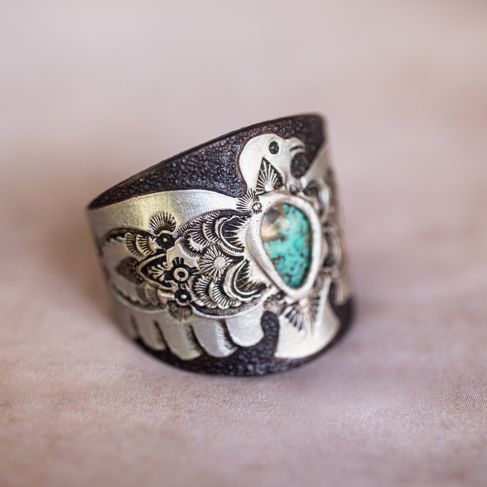 Hand Painted Thunderbird Cuff with Mexican Turquoise