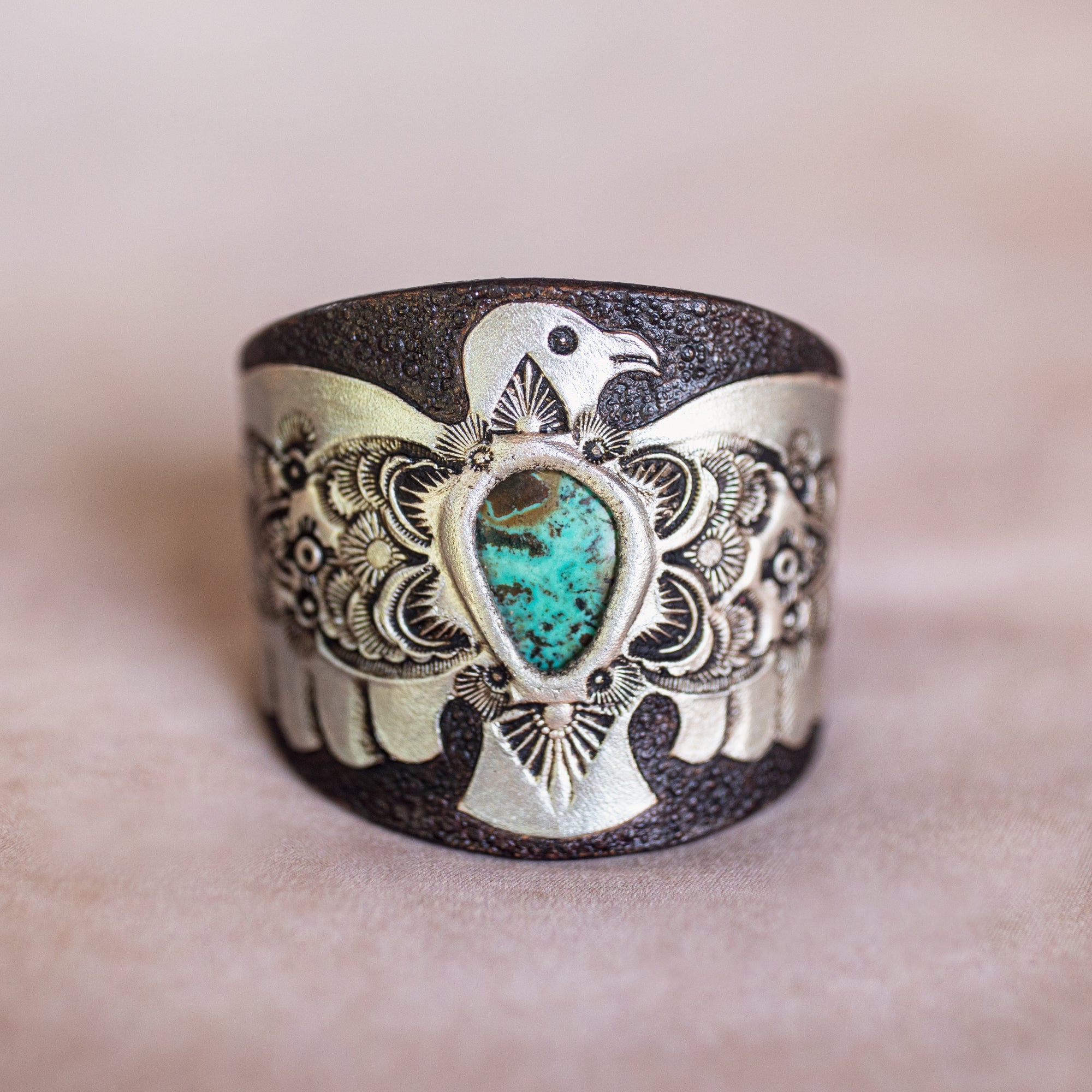 Hand Painted Thunderbird Cuff with Mexican Turquoise