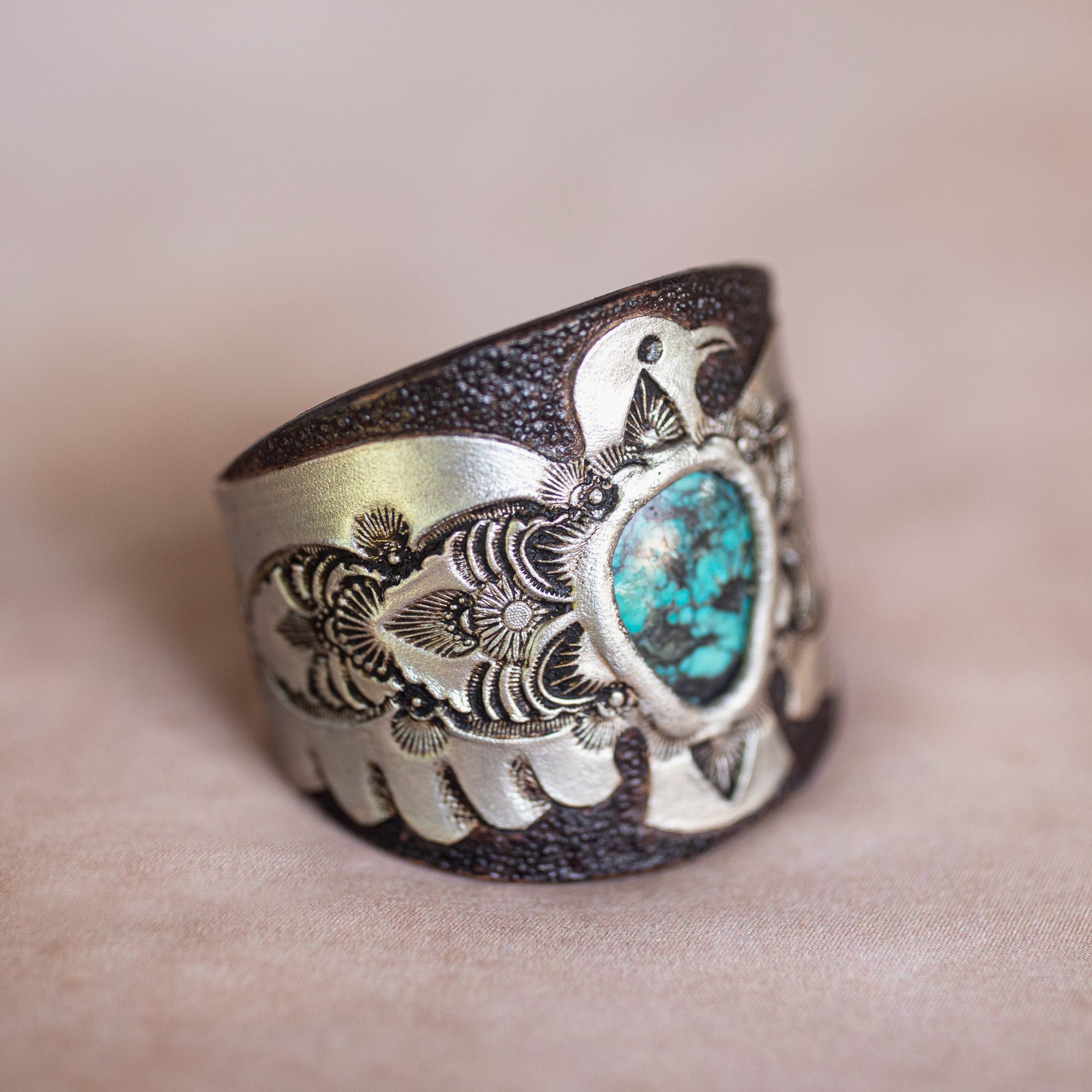 Hand Painted Thunderbird Cuff with Turquoise