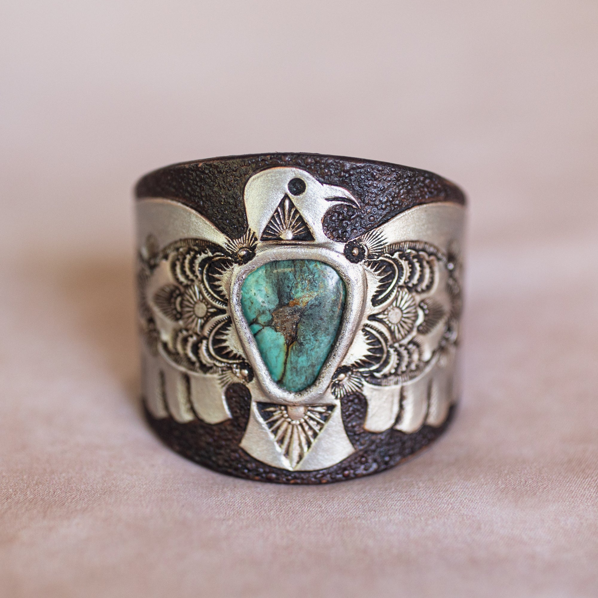 Hand Painted Thunderbird Cuff with Turquoise