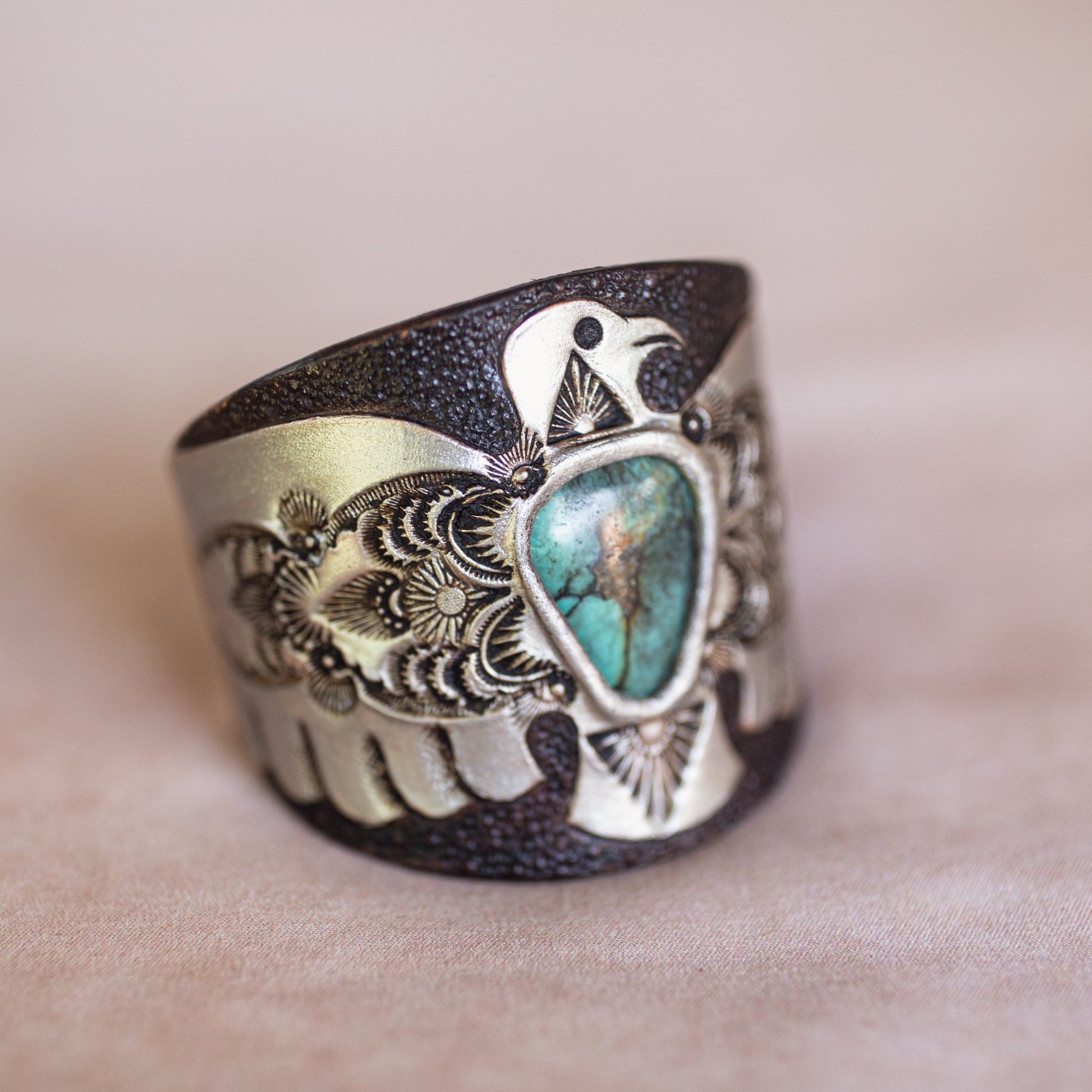 Hand Painted Thunderbird Cuff with Turquoise