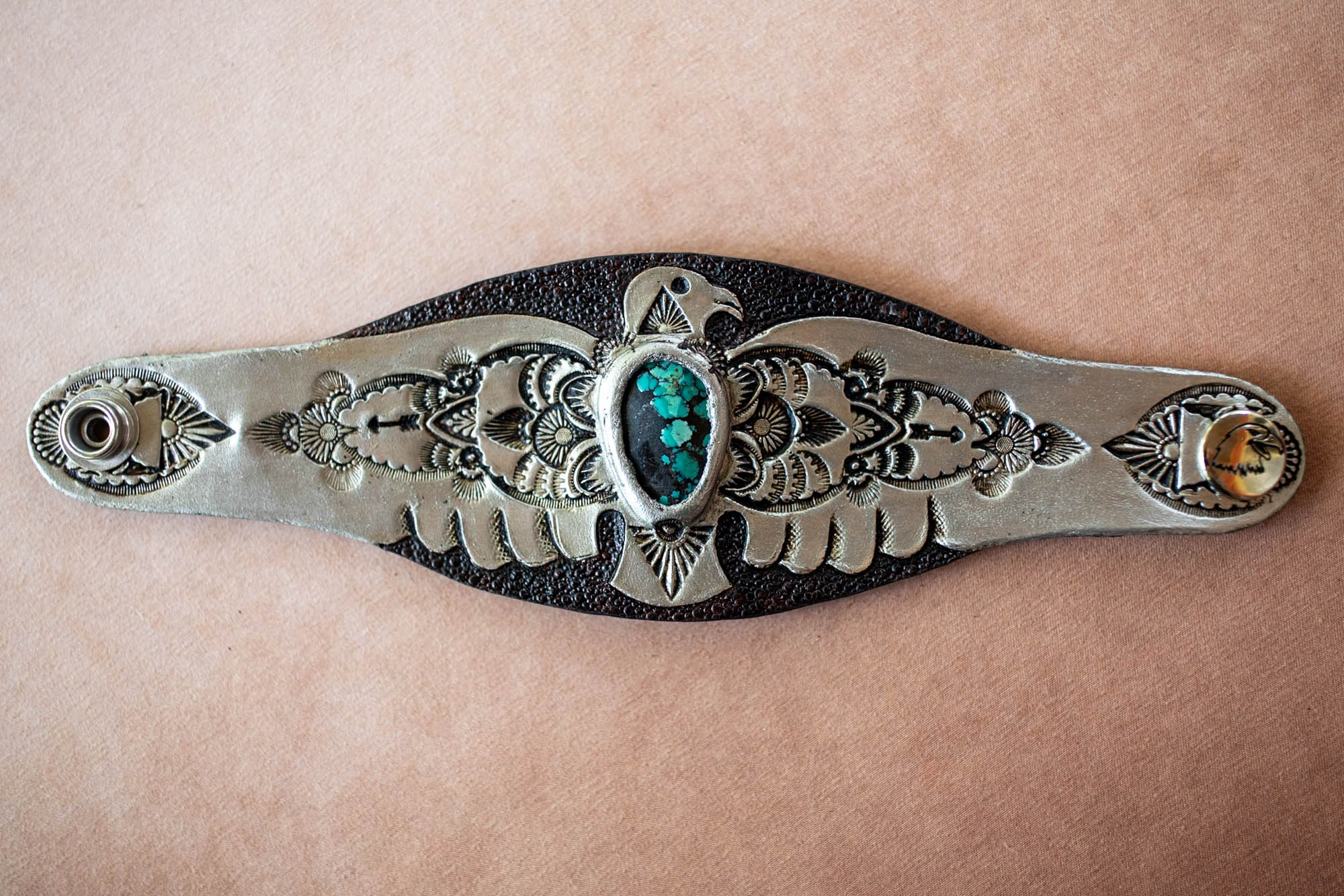 Hand Painted Thunderbird Cuff with Turquoise