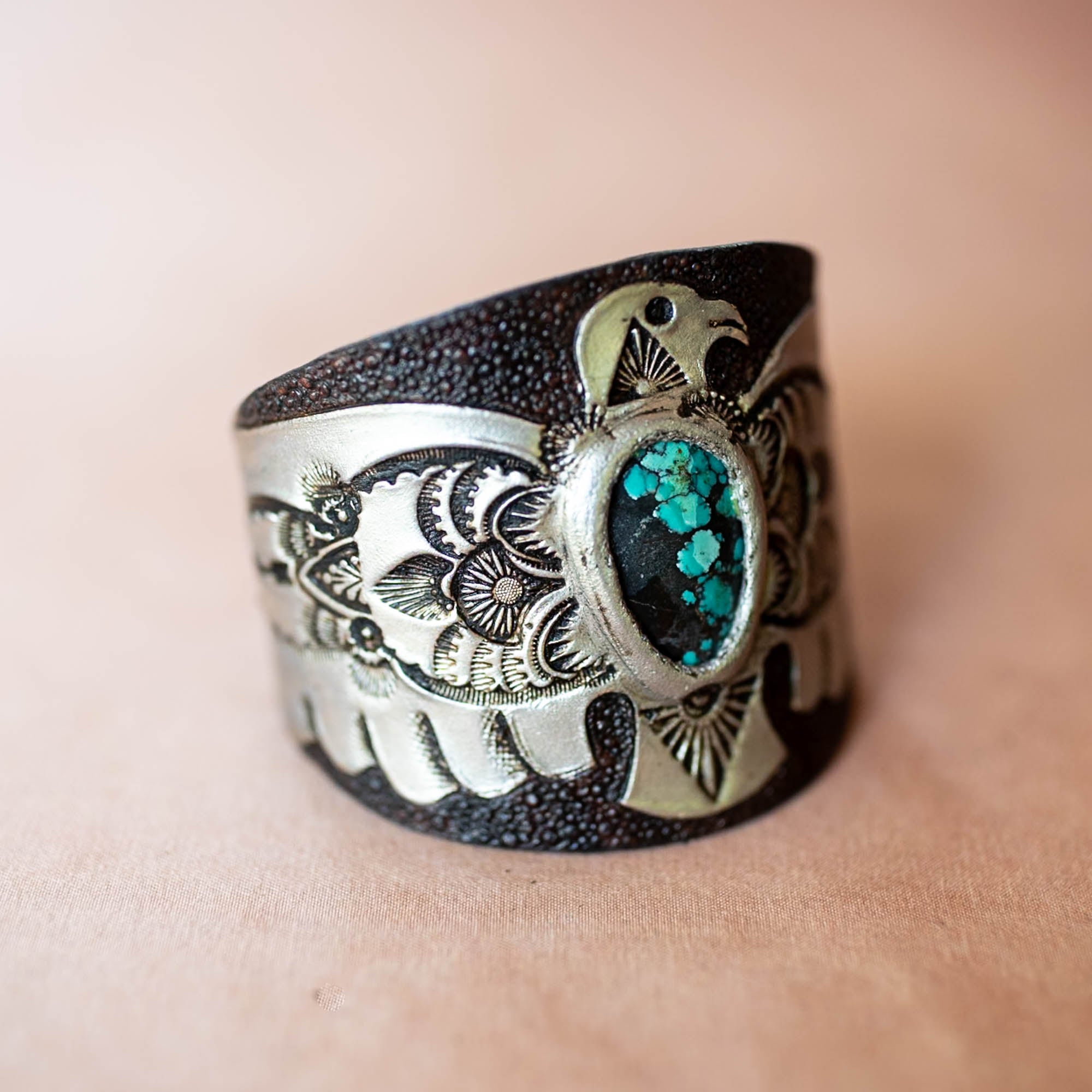 Hand Painted Thunderbird Cuff with Turquoise