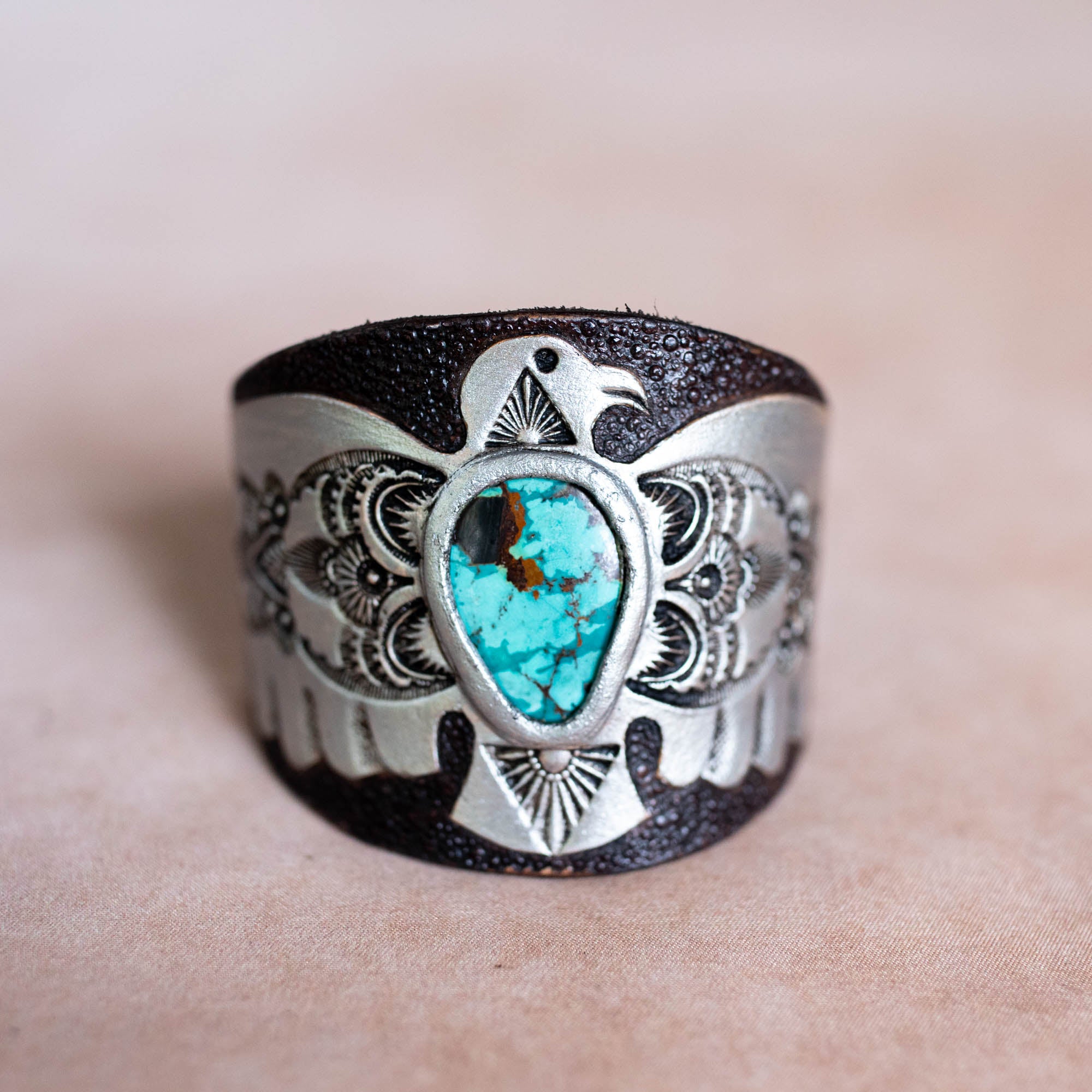 Hand Painted Thunderbird Cuff with Turquoise