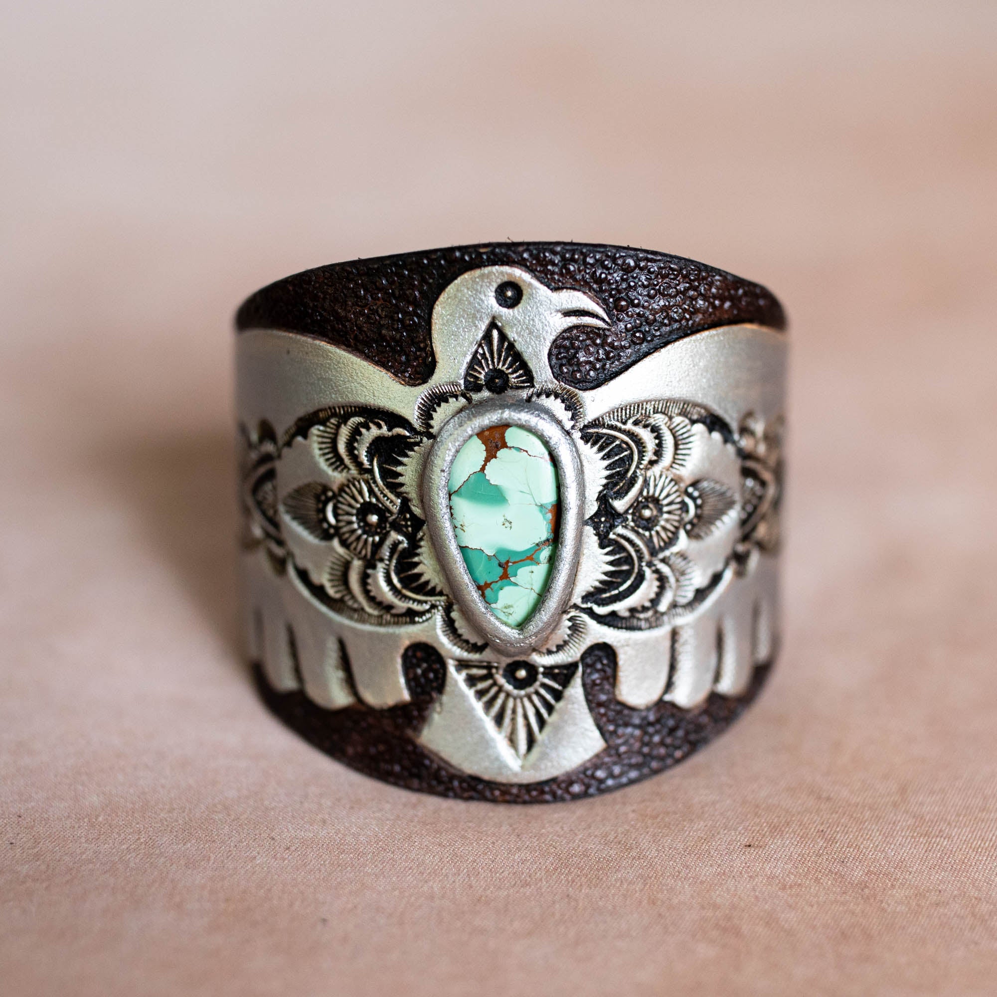 Hand Painted Thunderbird Cuff with Turquoise