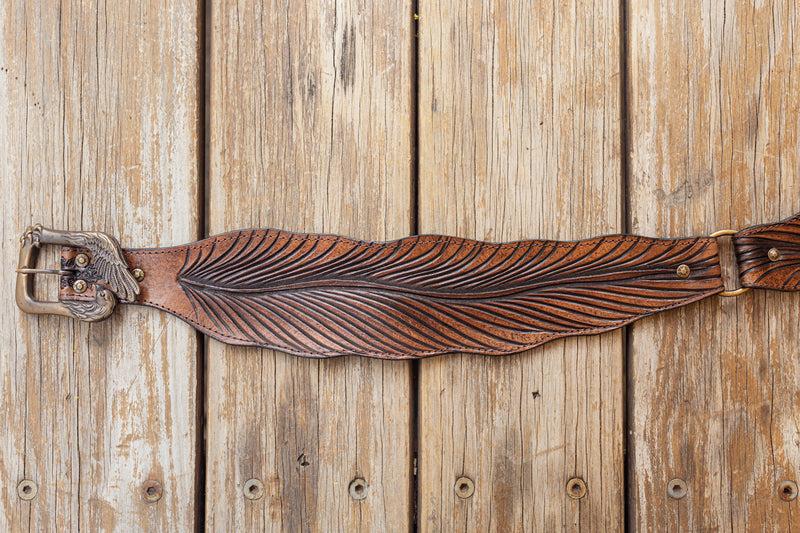 hand_tooled_leather_feather_waist_belt_flat_buckle_side